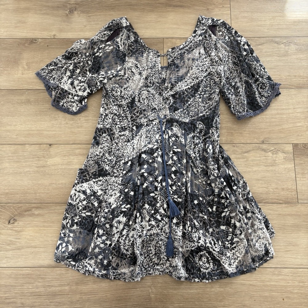 Free People XS Blue Black Patterned Open Back Split Sleeve Boho Dress Pockets - Picture 1 of 7